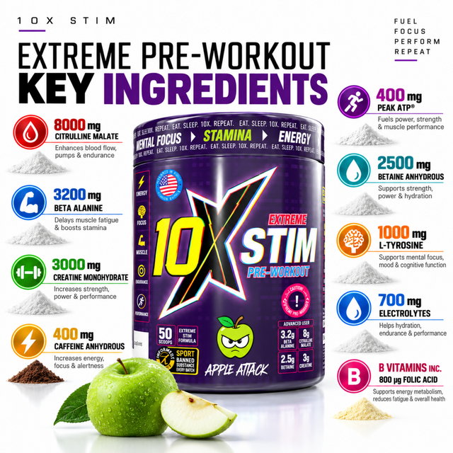 10X Stim Extreme Pre-Workout Apple Attack key ingredients and supplement facts infographic