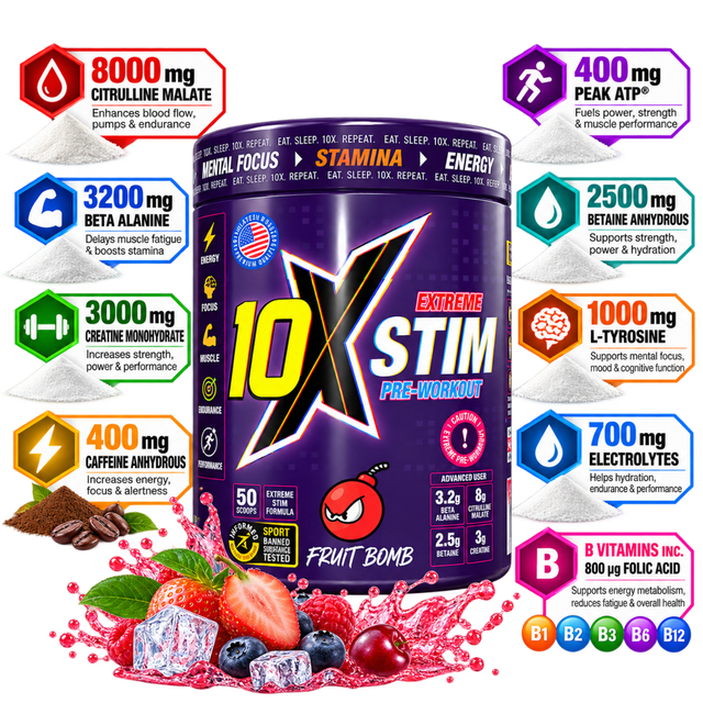10X Stim Extreme Pre-Workout Fruit Bomb with 8000mg citrulline malate and 400mg caffeine