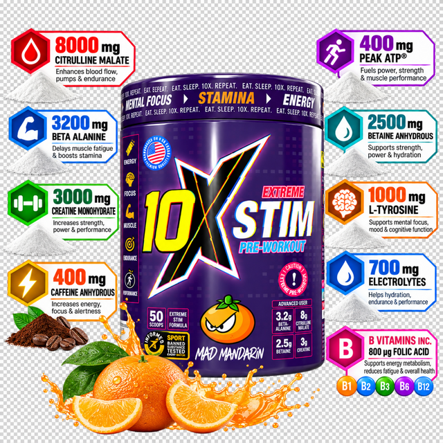 10X Stim Extreme Pre-Workout Mad Mandarin with 8000mg citrulline malate and 400mg caffeine