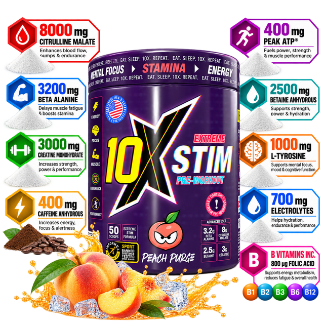 10X Stim Extreme Pre-Workout Peach Purge with 8000mg citrulline malate and 400mg caffeine