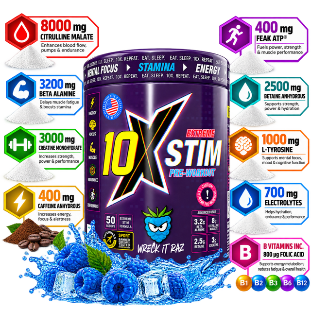 10X Stim Extreme Pre-Workout Wreck It Raz with 8000mg citrulline malate and 400mg caffeine