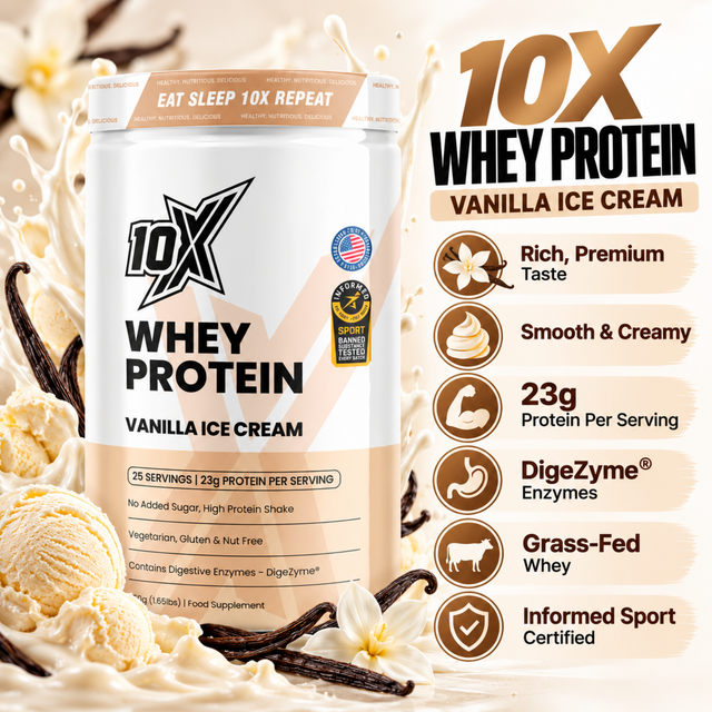 10X Whey Protein 750g tub in Vanilla Ice Cream flavor, featuring 23g of grass-fed protein per serving, DigeZyme digestive enzymes, and Informed Sport Certification.