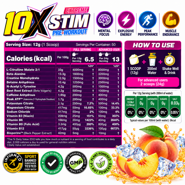 10X Stim Extreme Pre-Workout supplement facts with 12g serving size and key ingredients