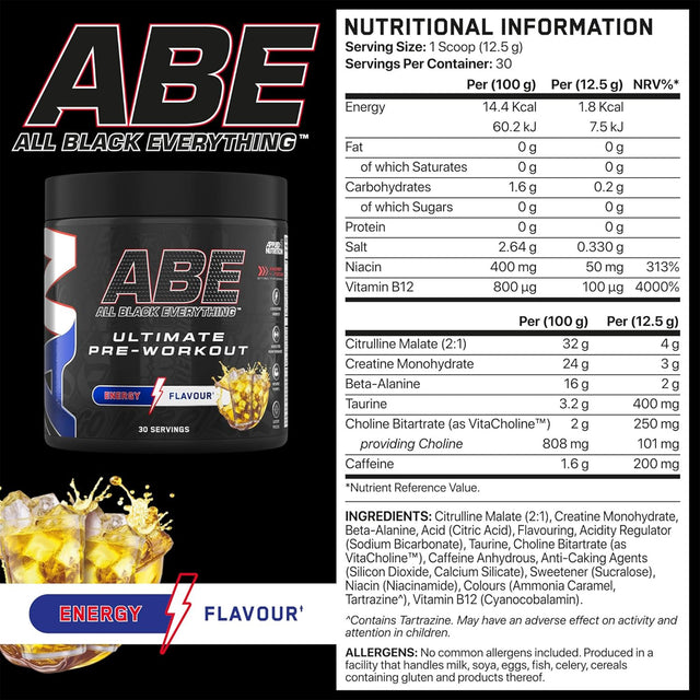 ABE Black Pre-Workout ENERGY Flavor – Extreme Energy, Focus & Pump – 315g Pre-Workout Powder – Authentic Product by Gym Supplements U.S.