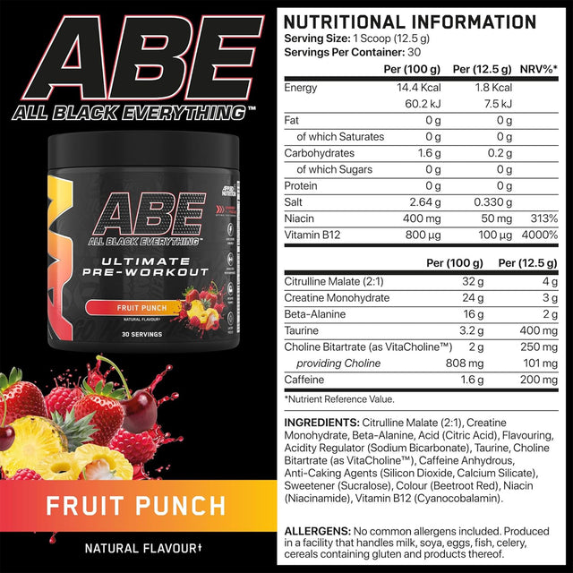 ABE Black Pre-Workout FRUIT PUNCH Flavor – High-Performance Pre-Workout for Energy, Pump & Endurance – 315g – Authentic at Gym Supplements U.S.