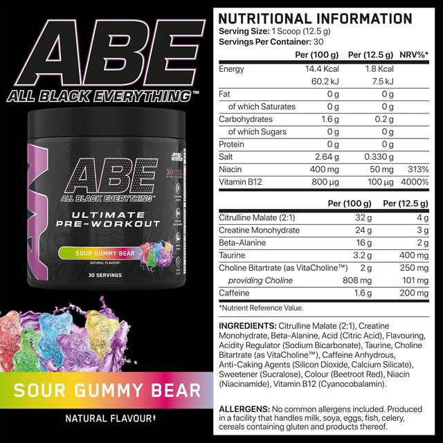 ABE Black Pre-Workout SOUR GUMMY BEAR Flavor – High-Stim Pre-Workout for Energy, Focus & Pump – 315g – Genuine Product from Gym Supplements U.S.