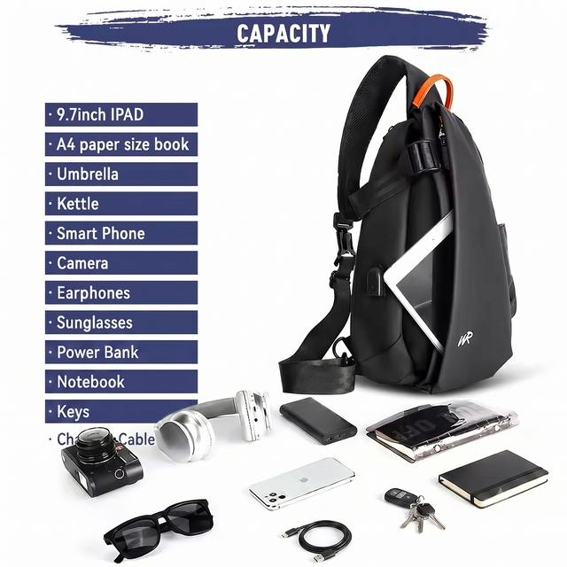 Minimalist anti-theft tech sling bag showing storage for iPad, umbrella, and smartphone