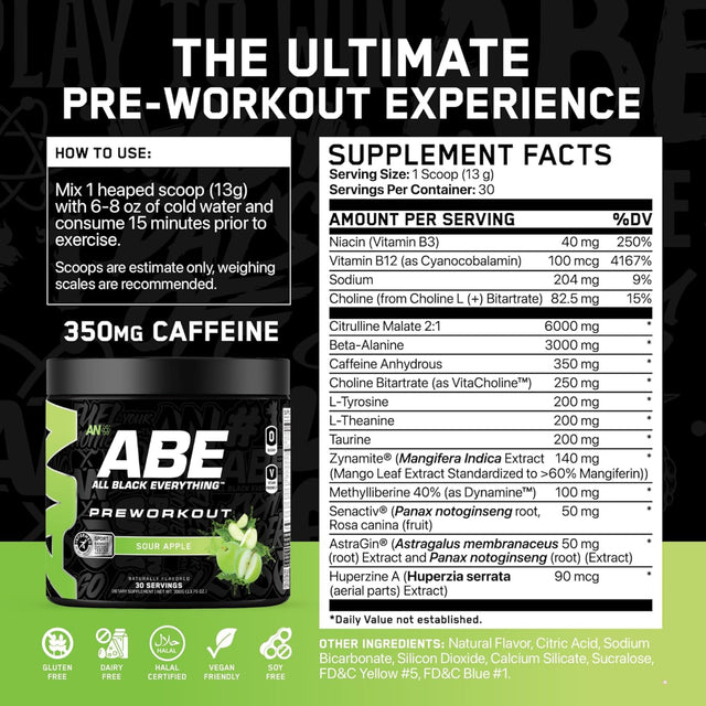Applied Nutrition ABE All Black Everything Pre-Workout Supplement Facts label showing 6g Citrulline, 3g Beta-Alanine, and 350mg Caffeine.