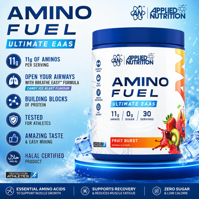Applied Nutrition Amino Fuel Ultimate EAAs Fruit Burst flavor, 390g tub with 30 servings. Features 11g aminos, 0g sugar, and Breathe Easy formula. Halal certified intra-workout and recovery supplement.