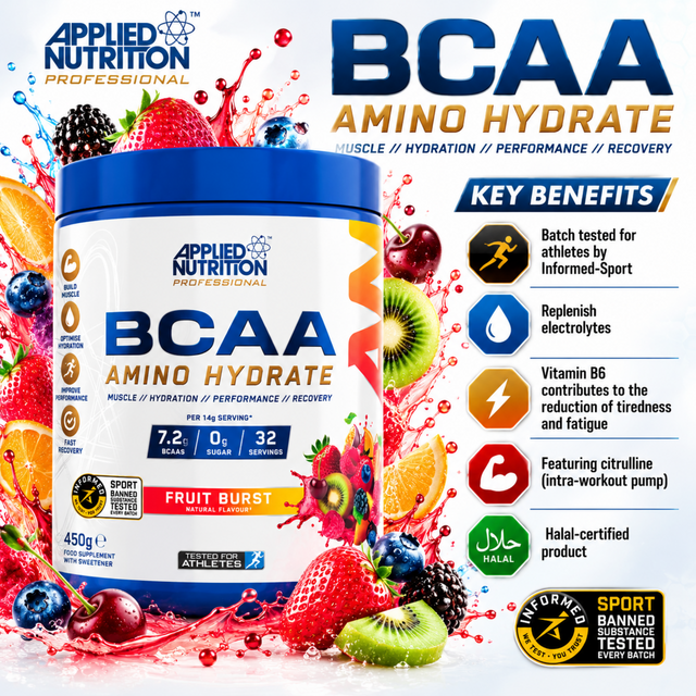 Applied Nutrition BCAA Amino Hydrate Fruit Burst 450g with 7.2g BCAAs and zero sugar per serving