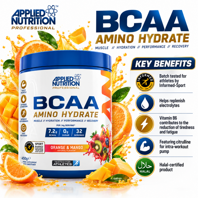 Applied Nutrition BCAA Amino Hydrate Orange and Mango 450g with 7.2g BCAAs and zero sugar per serving