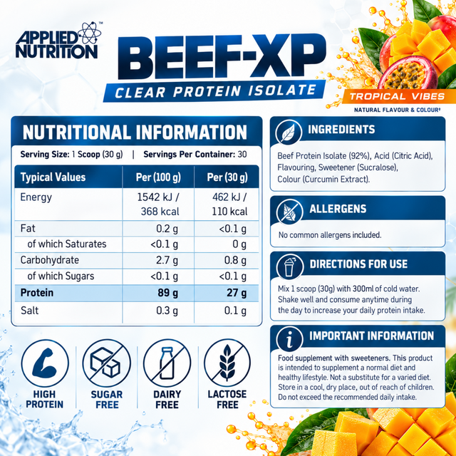 Nutritional information panel for Applied Nutrition BEEF-XP Clear Protein Isolate in Tropical Vibes flavor. The graphic details the supplement facts, ingredients, and directions, highlighting 27g of protein per 30g serving. It features high protein, sugar-free, dairy-free, and lactose-free icons, accompanied by images of fresh mango and passionfruit.