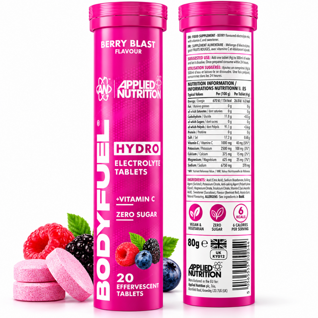 Applied Nutrition BodyFuel Hydro Berry Blast Electrolyte Tablets benefits, zero sugar, 6 calories per serving, hydration support and vegan-friendly formula