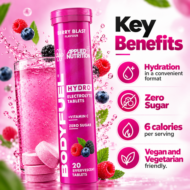 Applied Nutrition BodyFuel Hydro Berry Blast 20 effervescent electrolyte tablets tube showing product packaging, ingredients and nutrition information