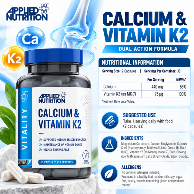 Applied Nutrition Calcium & Vitamin K2 with 60 capsules for bone and muscle support