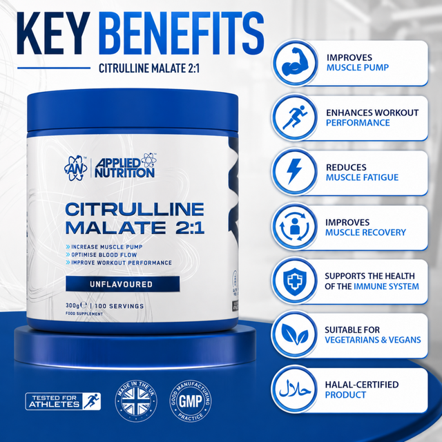 Applied Nutrition Citrulline Malate 2:1 300g Unflavoured with 100 servings, supports muscle pump, workout performance, endurance, and recovery.