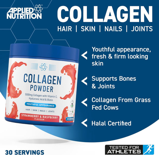 Applied Nutrition Collagen Powder 300g for Hair, Skin, Nails, and Joints - Strawberry & Raspberry Flavor, Halal Certified and Grass-Fed Cows Collagen, Available in Bangladesh.