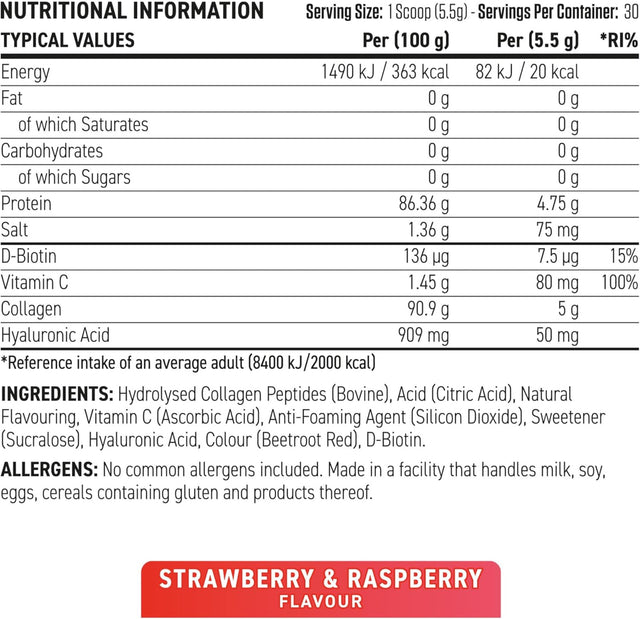 Applied Nutrition Collagen Powder nutritional information label for Strawberry and Raspberry flavor. The supplement facts show 5g of Collagen, 50mg of Hyaluronic Acid, and 80mg of Vitamin C per 5.5g serving. High protein, zero fat, and sugar-free formula available at Gym Supplements U.S. in Bangladesh.