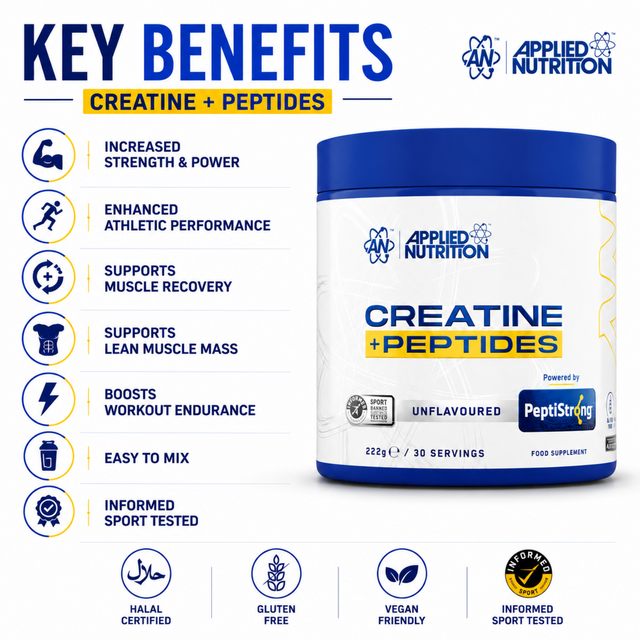 Applied Nutrition Creatine + Peptides 222g key benefits with 5g creatine, performance support, recovery support and strength support