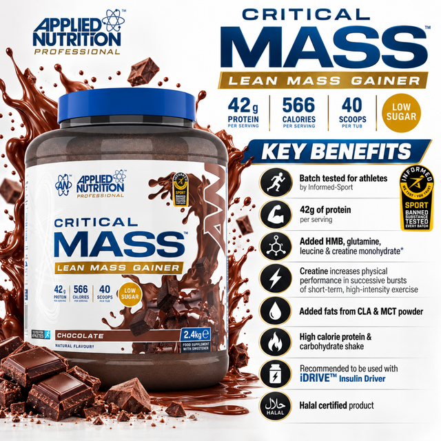 Applied Nutrition Critical Mass Professional Chocolate Lean Mass Gainer 2.4kg with 42g protein and 566 calories per serving