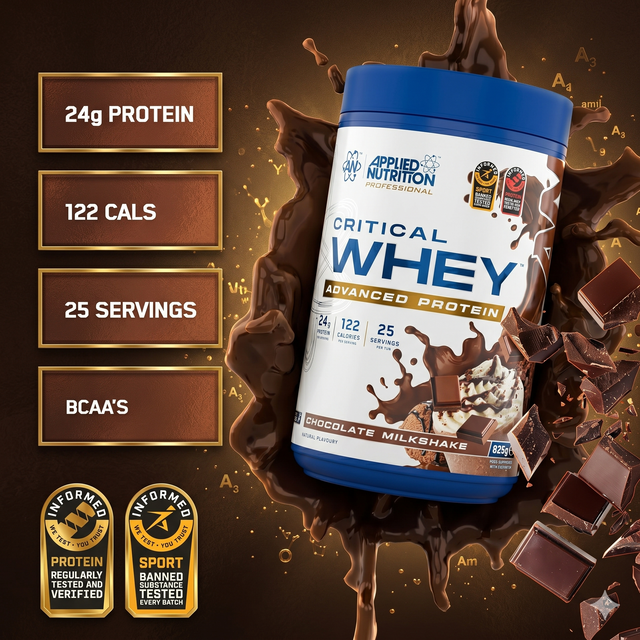 Applied Nutrition Critical Whey Chocolate Milkshake 825g, authentic protein powder for muscle recovery, sold by Gym Supplements U.S.