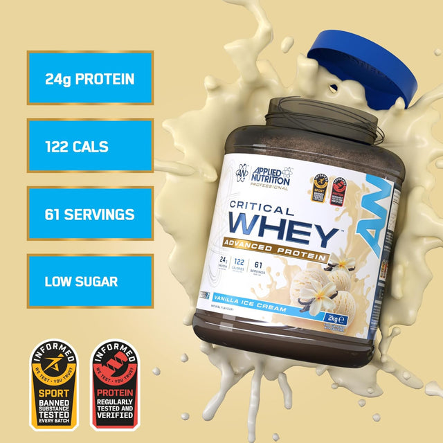 Applied Nutrition Critical Whey Advanced Protein, 2kg Vanilla Ice Cream flavor, highlighting 24g protein, 122 calories, low sugar, and Informed Sport certification.