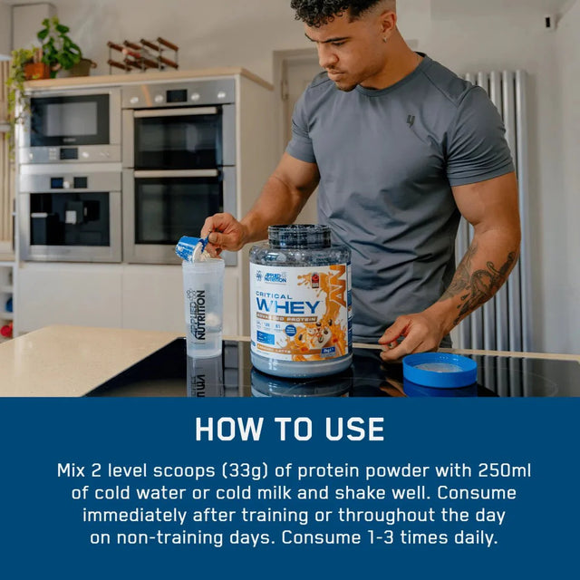 Instructions for how to use Applied Nutrition Critical Whey: Mix 2 scoops with 250ml cold water or milk, consume after training or 1-3 times daily.