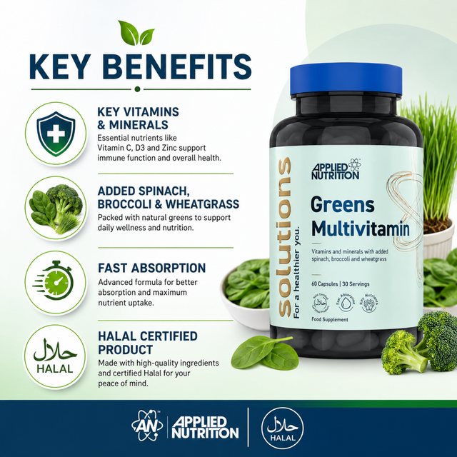 Applied Nutrition Greens Multivitamin key benefits with vitamins, minerals, spinach, broccoli and wheatgrass