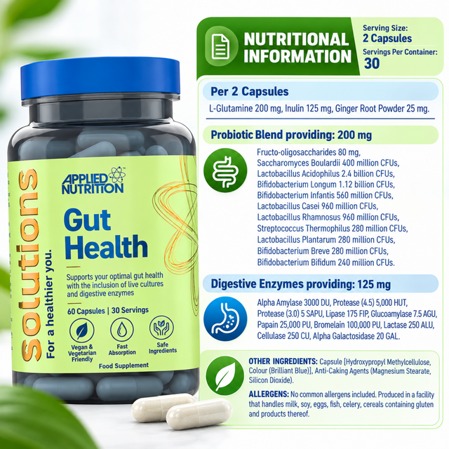 Applied Nutrition Gut Health Capsules nutritional information with probiotics and digestive enzymes