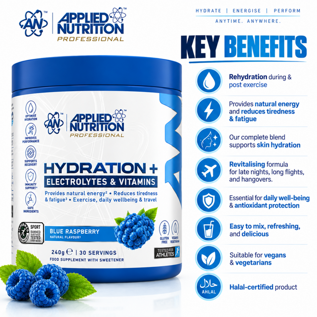 Applied Nutrition Hydration Plus Blue Raspberry 240g with electrolytes and vitamins for hydration and performance