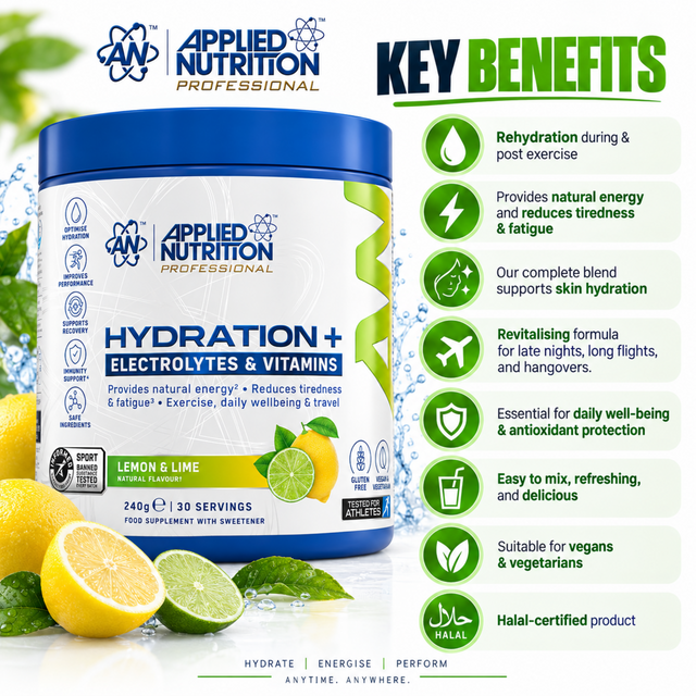 Applied Nutrition Hydration Plus Lemon and Lime 240g with electrolytes and vitamins for hydration