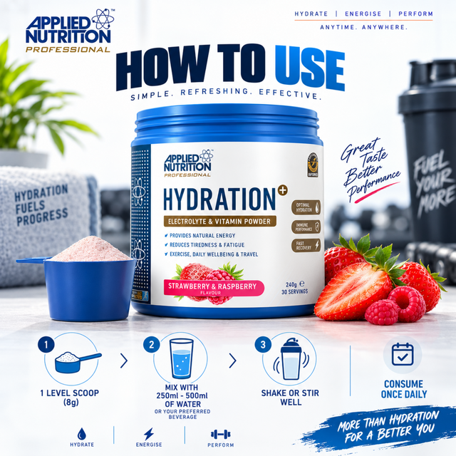 Applied Nutrition Hydration+ Strawberry & Raspberry electrolyte and vitamin powder with mixing instructions