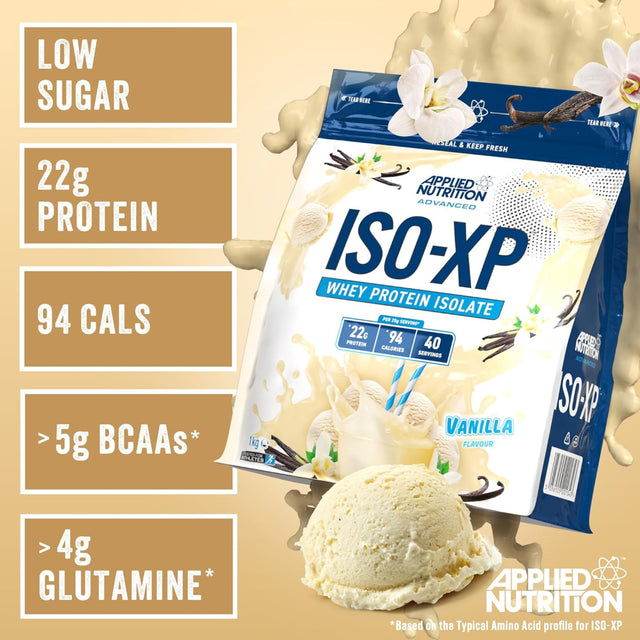 Applied Nutrition ISO-XP Whey Protein Isolate Vanilla Flavor 1kg bag showing 22g protein and 94 calories per serving