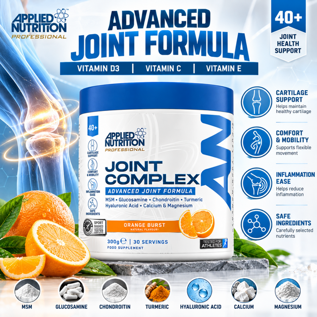 Applied Nutrition Professional Joint Complex tub in Orange Burst flavor . An advanced joint formula designed for 40+ joint health support, featuring MSM, Glucosamine, and Turmeric
