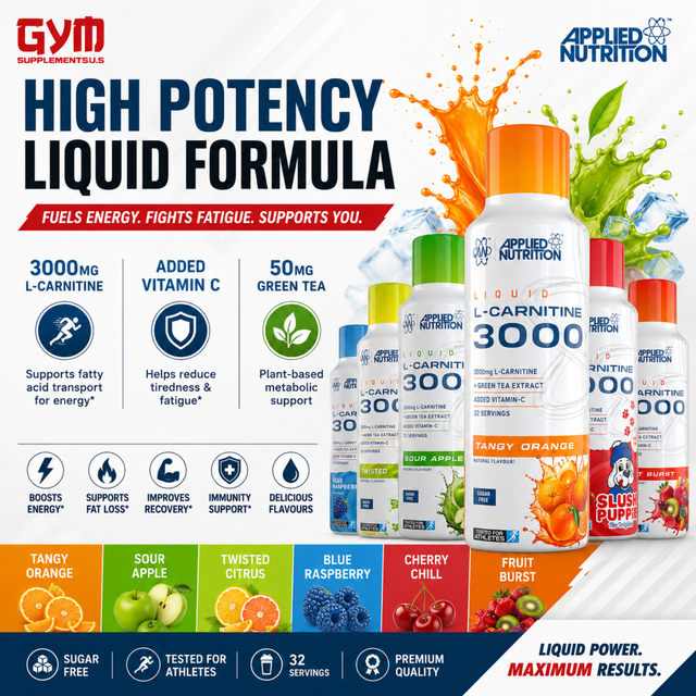 Applied Nutrition Liquid L-Carnitine 3000 all flavors including Tangy Orange, Sour Apple, and Blue Raspberry available at Gym Supplements U.S. features 3000mg L-Carnitine for fat loss.