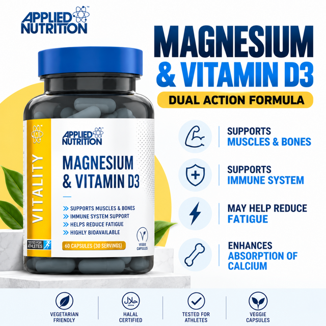 Applied Nutrition Magnesium and Vitamin D3 capsules with 60 capsules and 30 servings