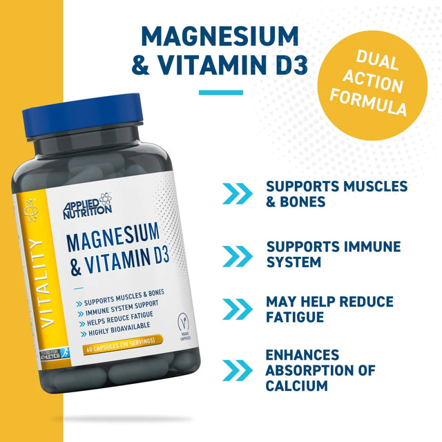 Applied Nutrition Magnesium Vitamin D3 Capsules supplement bottle for strong bones and muscle function.