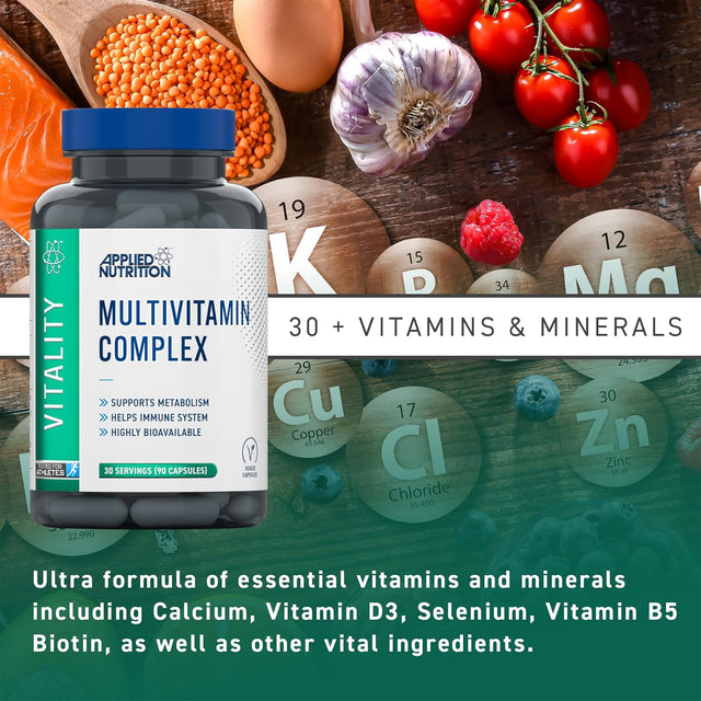 Applied Nutrition Multivitamin Complex bottle placed against a backdrop of various food sources (lentils, garlic, tomatoes) and periodic table elements (Copper, Zinc), highlighting the '30+ Vitamins & Minerals' claim.