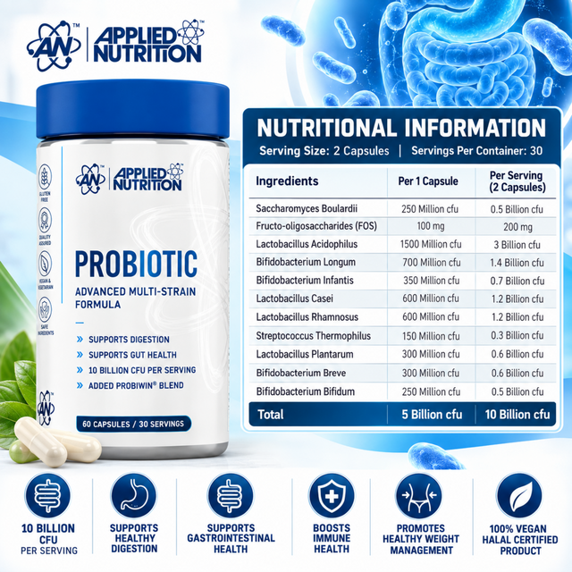 Applied Nutrition Probiotic ingredients and nutritional information with 10 billion CFU per serving