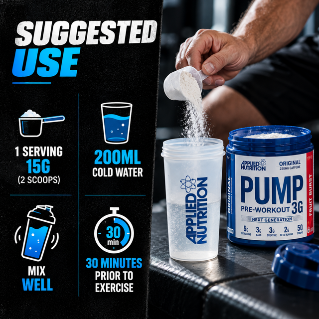 Applied Nutrition Pump Pre-Workout 3G suggested use with 15g serving and 200ml cold water