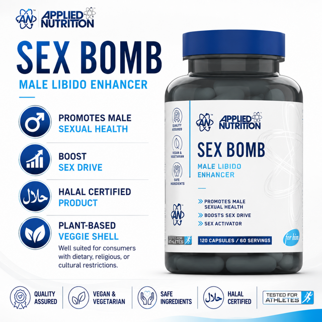 Applied Nutrition Sex Bomb Male Libido Enhancer 120 Capsules with natural ingredients to support male sexual health, libido, vitality, and performance.