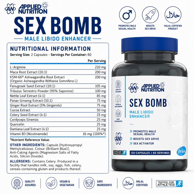 Applied Nutrition Sex Bomb Male Libido Enhancer supplement facts label showing ingredients, serving size, nutritional information, and key benefits.