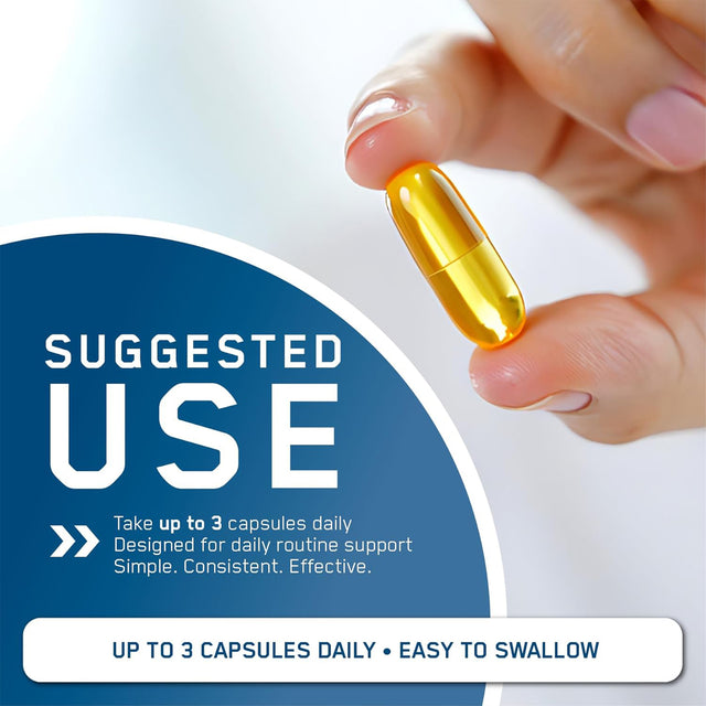 Supplement instruction graphic showing a hand holding a golden capsule, text reads: Up to 3 capsules daily.