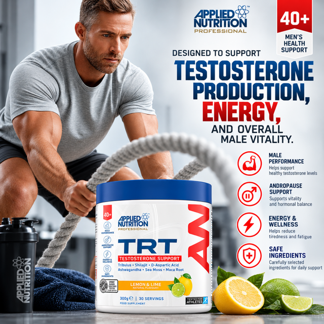 Applied Nutrition Professional TRT Testosterone Support 300g Lemon and Lime supplement for men aged 40 and above.