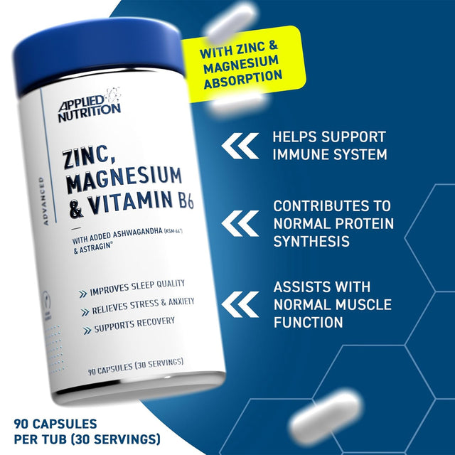 Applied Nutrition Zinc Magnesium and Vitamin B6 supplement bottle with KSM-66 Ashwagandha and AstraGin for sleep and recovery.