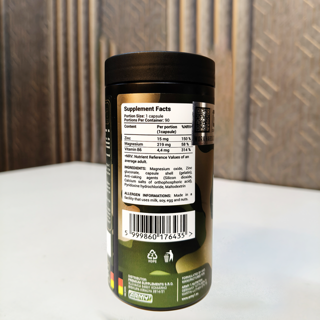 Army1 ZMA Pro Zinc Magnesium Vitamin B6 supplement facts label 90 capsules