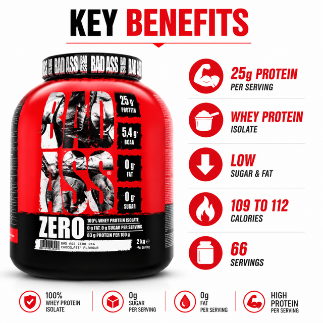Bad Ass Zero 2kg Whey Protein Isolate Chocolate with 25g protein per serving