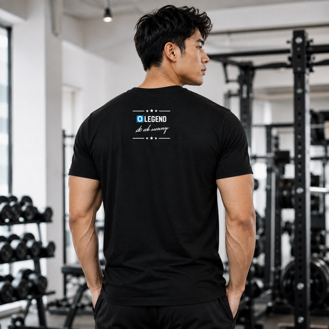 Back view of a muscular male fitness model in a gym wearing a black Gym Supplements U.S t-shirt featuring the custom design "O LEGEND sk ab sunny" printed on the back.