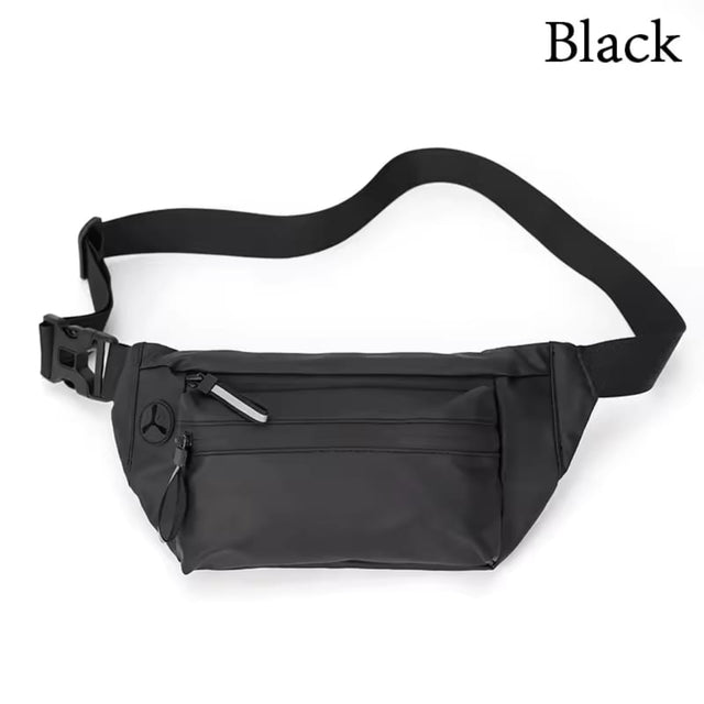 Black waterproof sports waist bag for running and travel with adjustable strap and multiple zipper compartments
