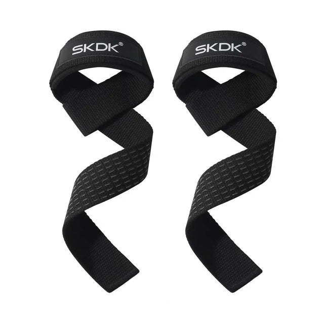 Black SKDK lifting straps for gym and fitness – durable polyester cotton with soft neoprene wrist support